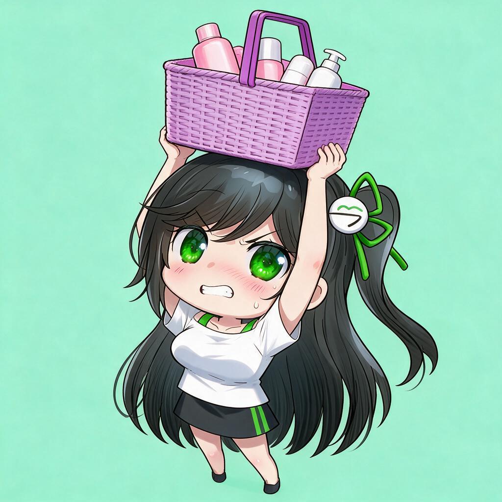 Chibi mascot weighing a heavy stack of boxes against a light one on a balance scale